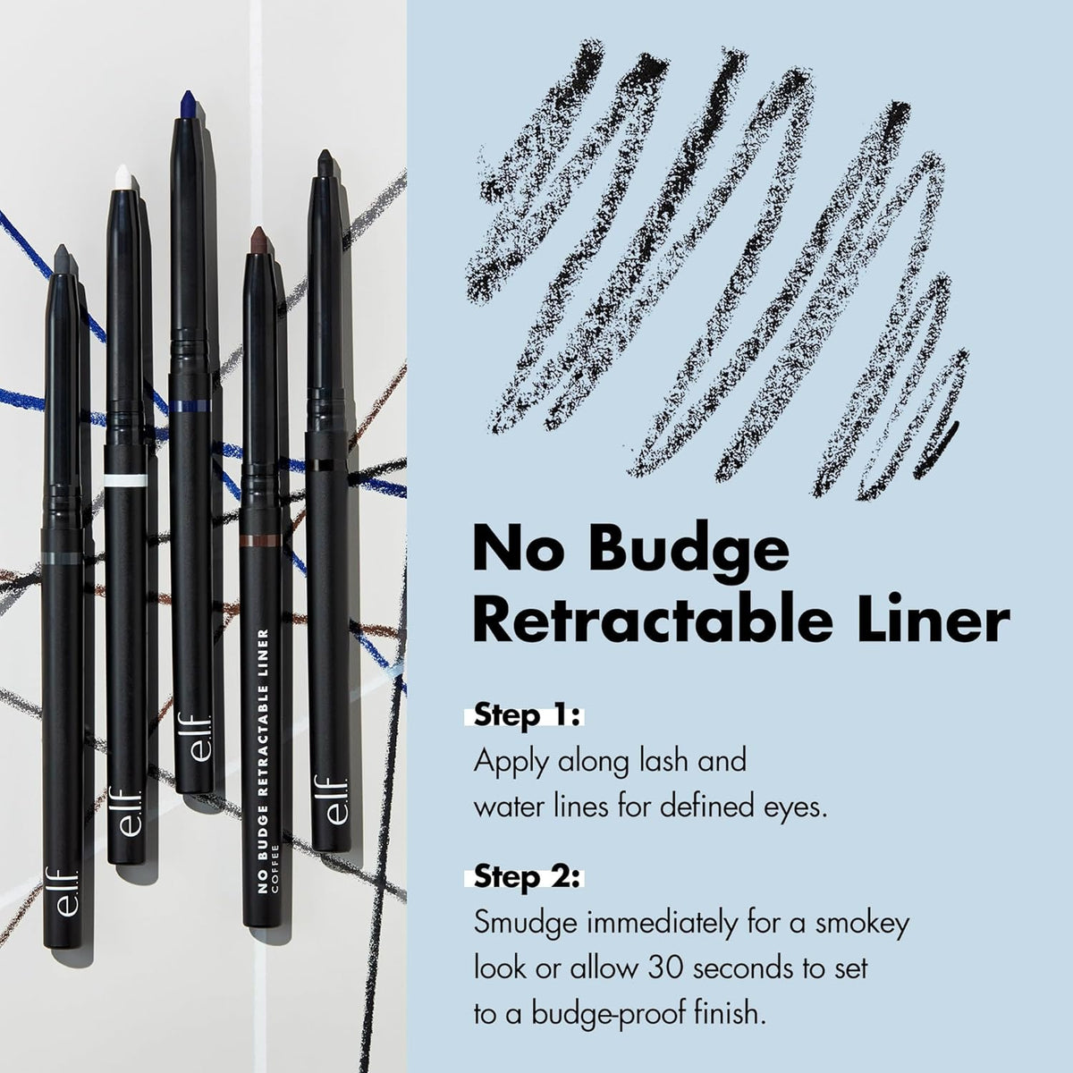 e.l.f. No Budge Retractable Eyeliner, Creamy, Ultra-Pigmented & Waterproof, Creates Bold & Defined Lines, Vegan & Cruelt