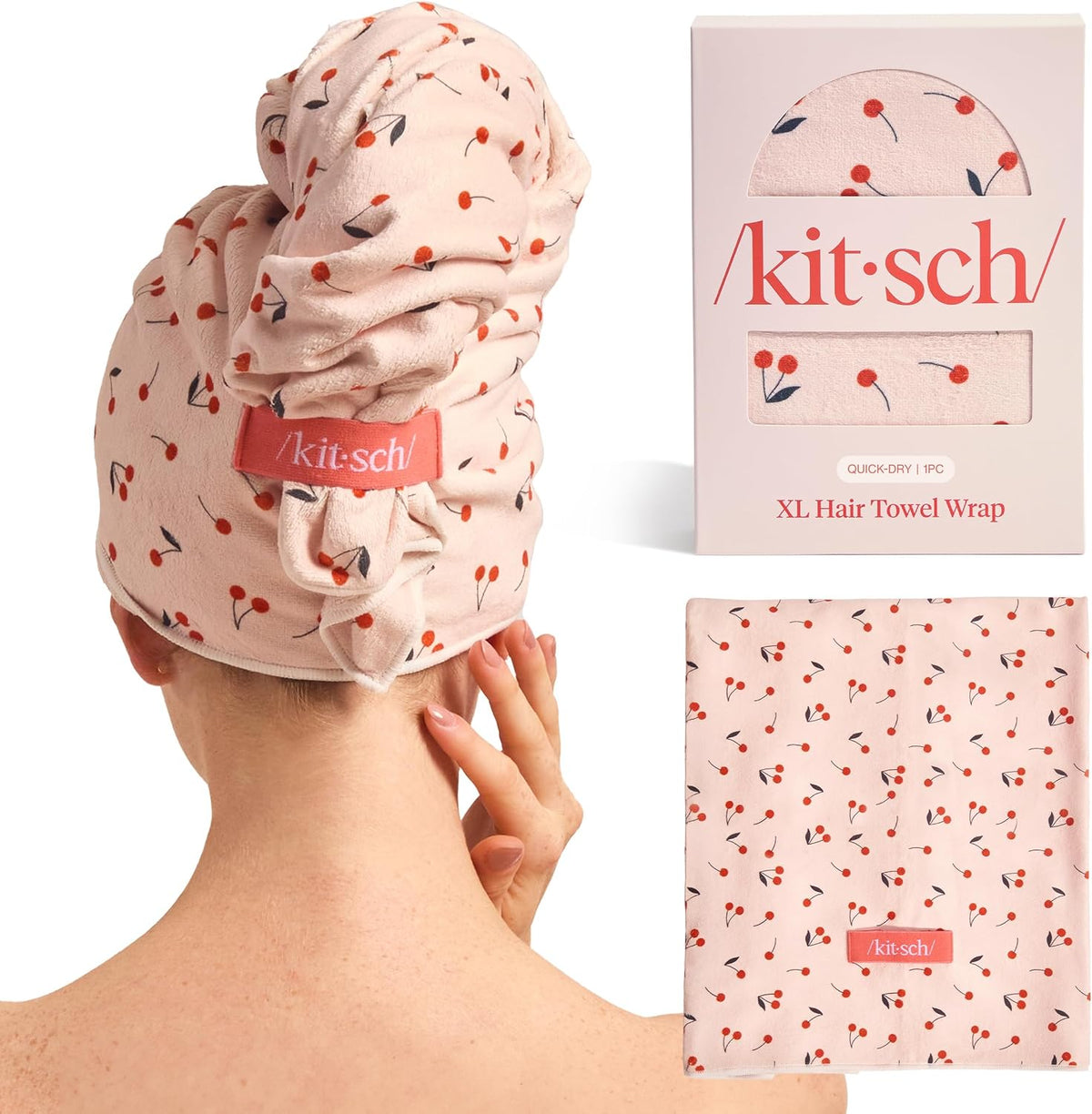 Kitsch XL Microfiber Hair Towel Wrap for Women - Cherry Print