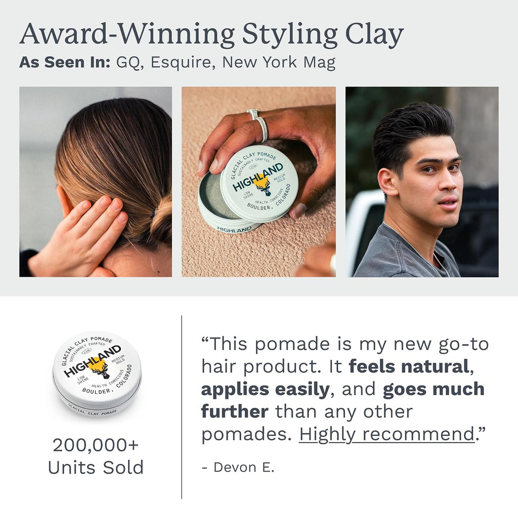 Highland Glacial Hair Clay Pomade - Award winning hair styling clay for men and women made with 100% all natural and org