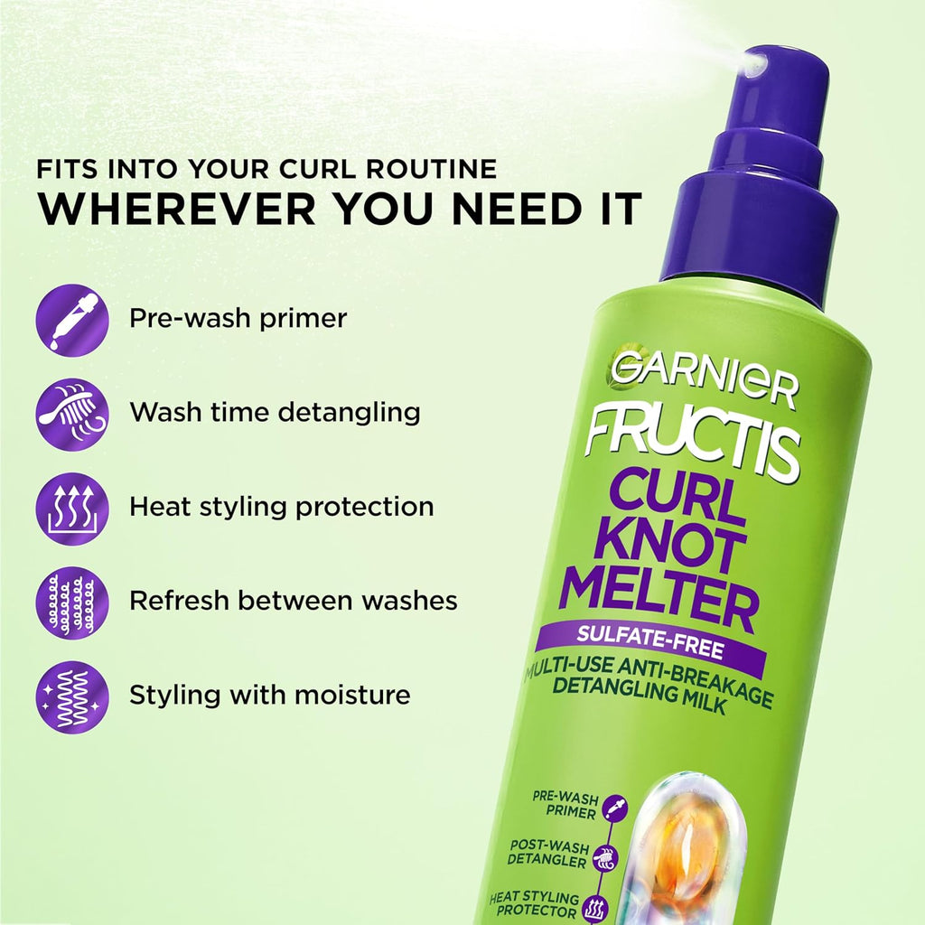 Garnier Fructis Curl Knot Melter Multi-Use Anti-Breakage Detangling Milk, Moisturizing Detangler Spray and Heat Protecta