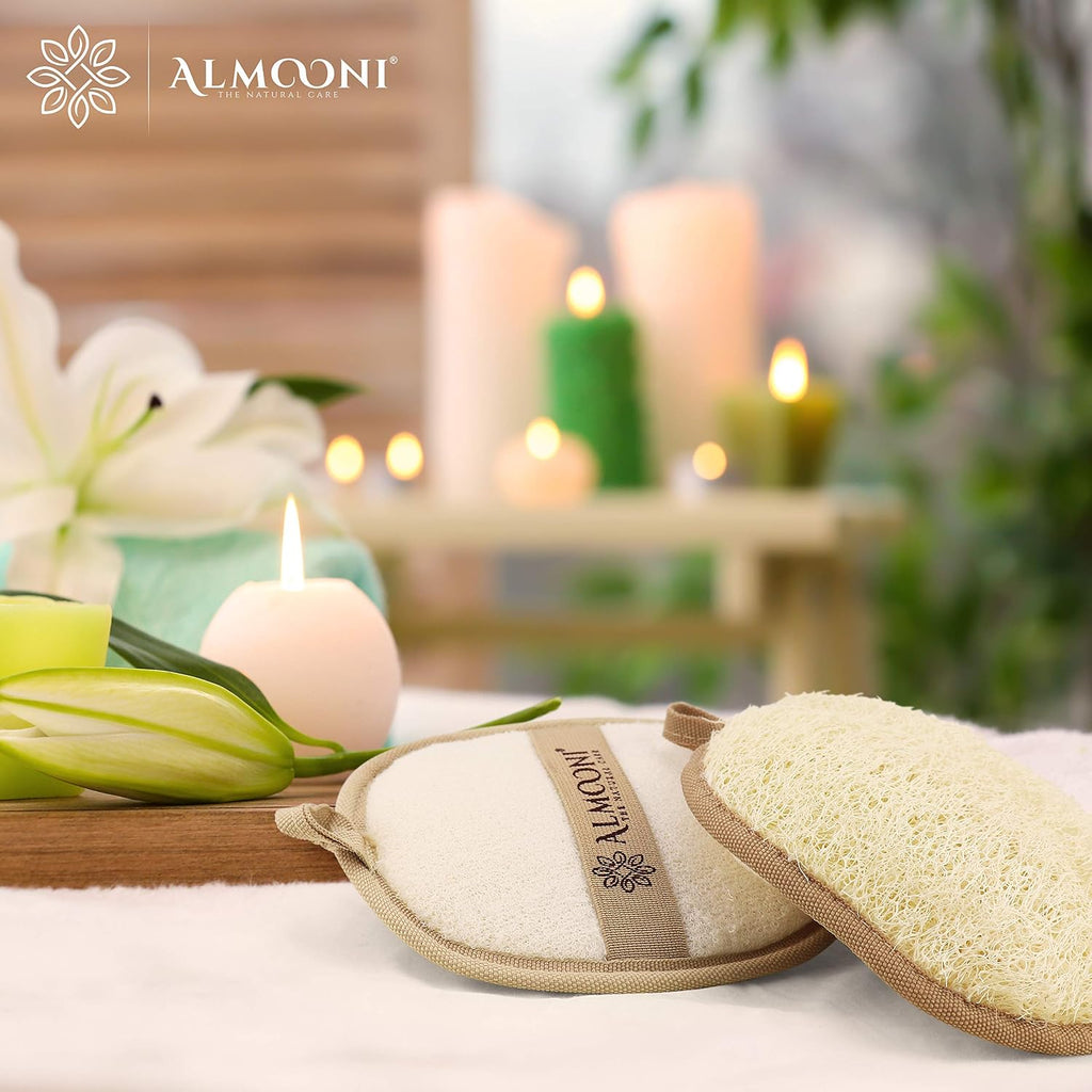Almooni Natural Loofah Exfoliating Body Scrubber, Shower Sponge 2 Count