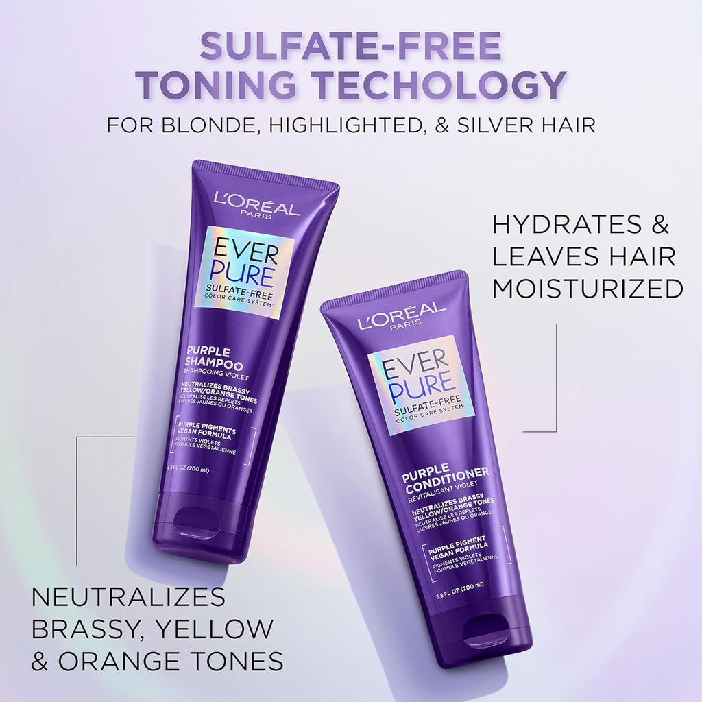L’Oreal Paris Sulfate Free Brass Toning Purple Shampoo for Blonde, Bleached, Silver, or Brown Highlighted Hair, EverPure