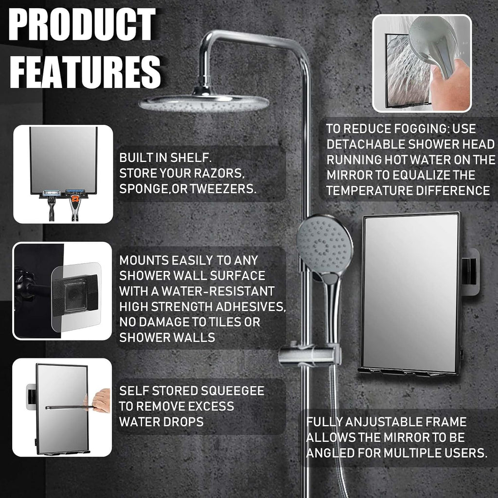 LFOYOU Shower Mirror for Shaving & Washing Your Face with a Squeegee - Built-in Two Razor Holder, 360°Rotation Adjustabl