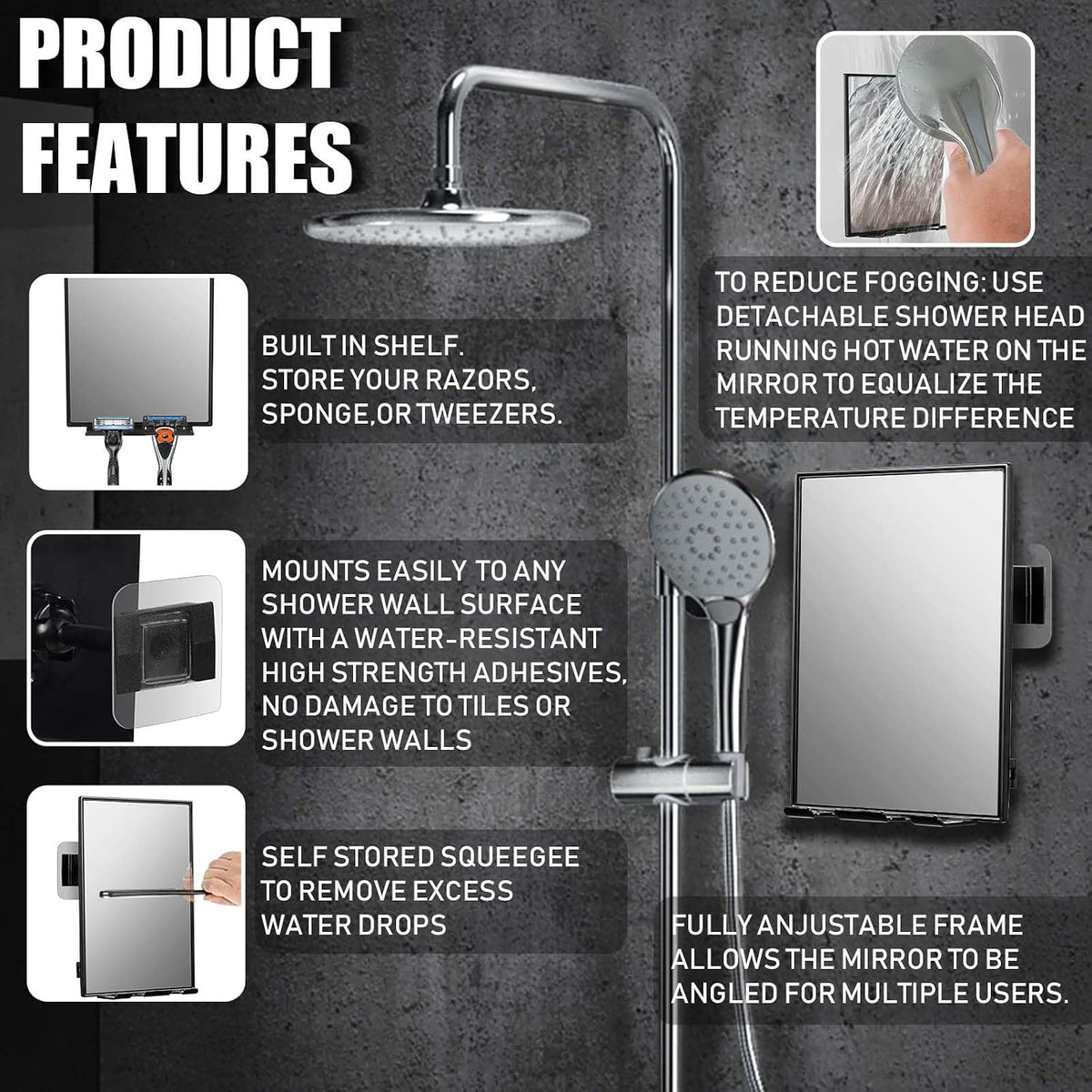 LFOYOU Shower Mirror for Shaving & Washing Your Face with a Squeegee - Built-in Two Razor Holder, 360°Rotation Adjustabl