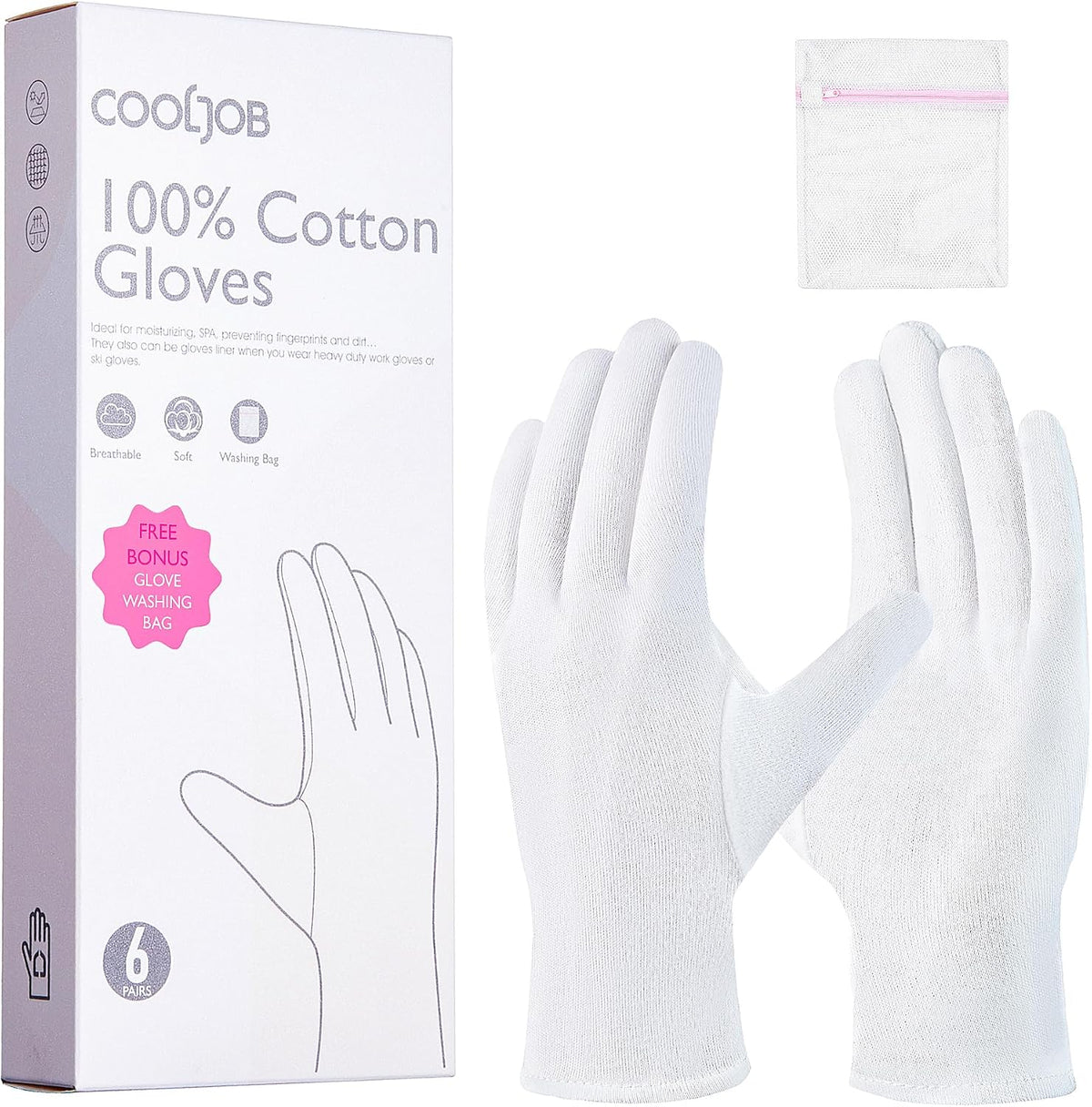 COOLJOB 100% Cotton Gloves, 6 Pairs White Cotton Gloves for Dry Hands Moisturizing & Eczema, Overnight Lotion, Sleep & S