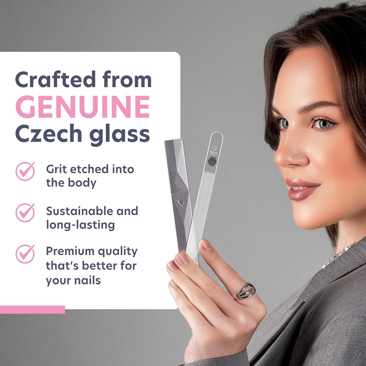 Bona Fide Beauty Czech Glass Nail File (Clear color) with Silver Hardcase