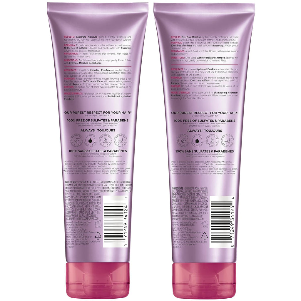 L'Oreal Paris EverPure Moisture Shampoo and Conditioner Set, Sulfate-Free Hair Care for Dry or Color-Treated Hair with R