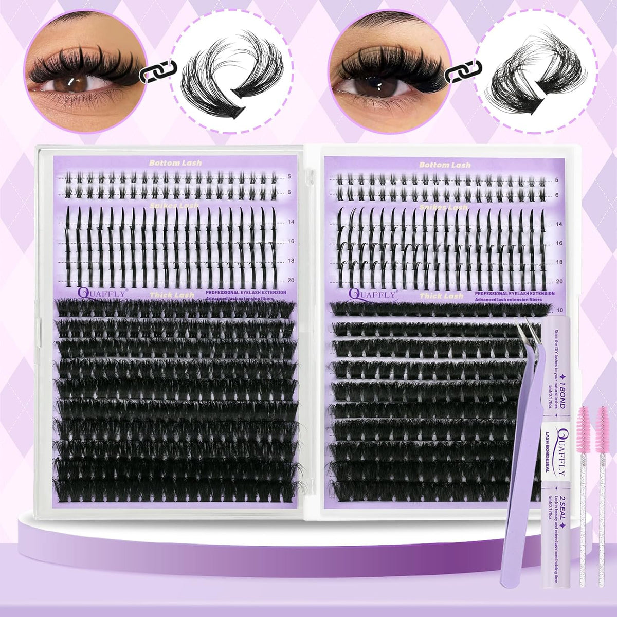 DIY Lash Extension Kit 100D+150D Volume Lash Clusters with Spikes Lash Extension Kit Bottom Lashes Wispy Cluster Eyelash