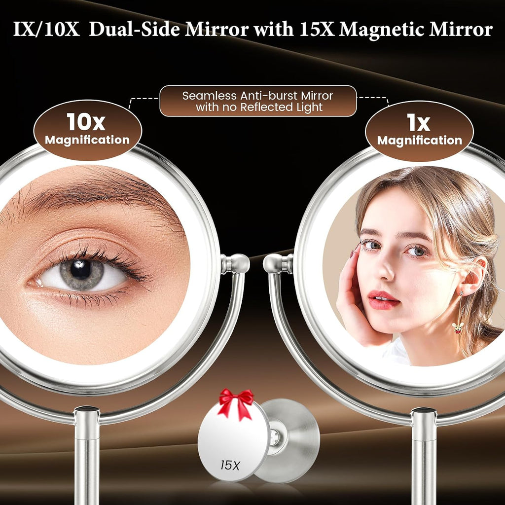 Professional 8.5" Large Lighted Makeup Mirror with Brighter Lights, 1X/10X True HD Magnifying Mirror with 3 Color Dimmab