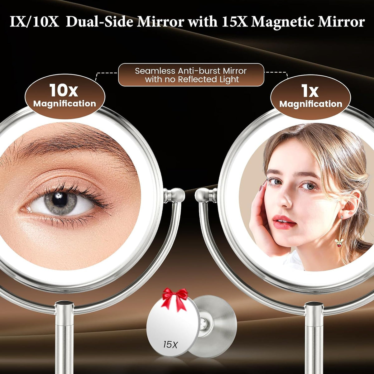 Professional 8.5" Large Lighted Makeup Mirror with Brighter Lights, 1X/10X True HD Magnifying Mirror with 3 Color Dimmab