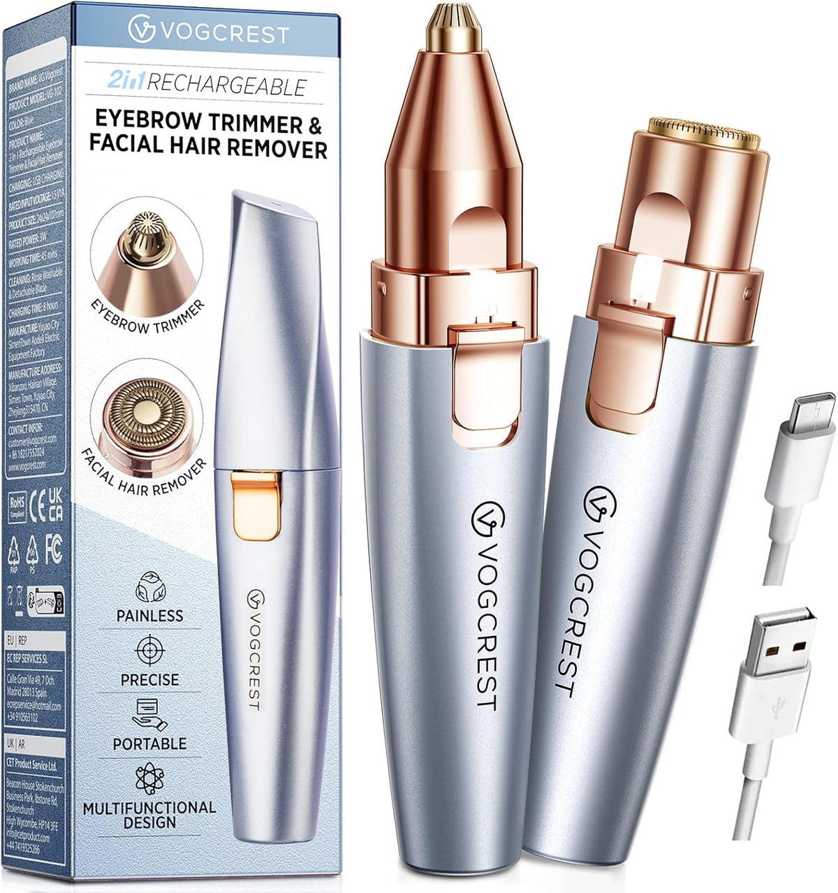 VG VOGCREST Eyebrow & Facial Trimmer: 2 in1 Rechargeable Facial Hair Removal & Eyebrow Shaver - Body Razor with Built-in