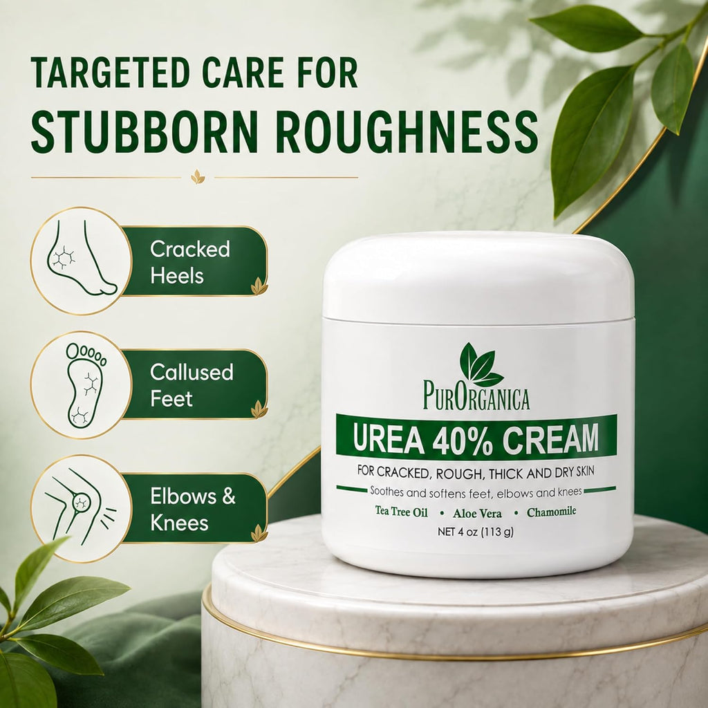 PurOrganica Urea Cream 40% for Feet, Dry Cracked Heels and Calluses, 4 oz
