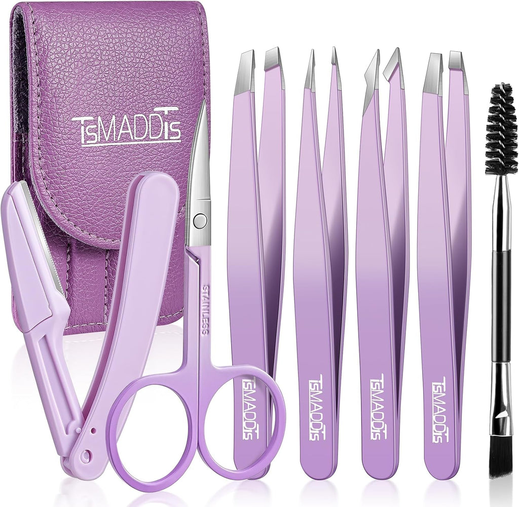 7 pcs Tweezers for Women Facial Hair, Precision Tweezer Set for Eyebrows with Curved Scissor and Eyebrow Razor for Ingro