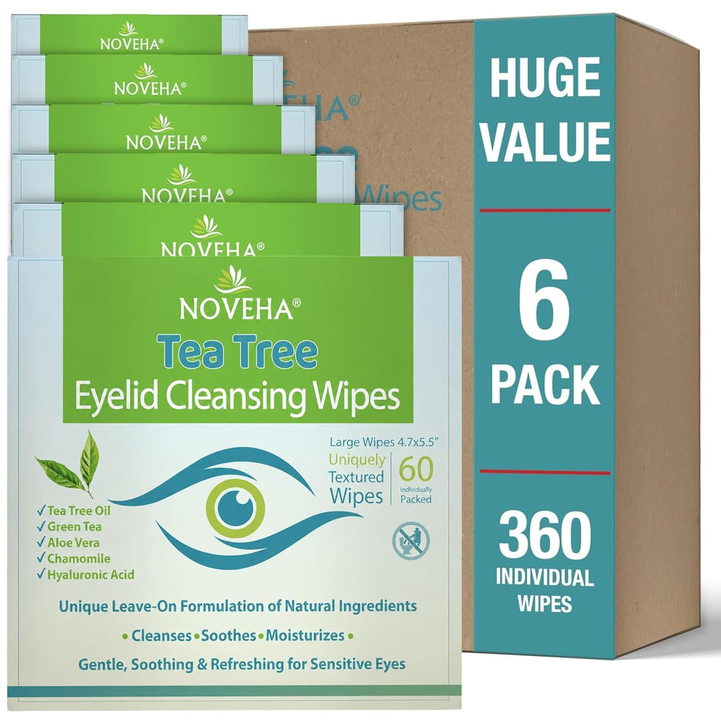 NOVEHA 60PCs Tea Tree Oil Eyelid & Lash Wipes | With Hyaluronic Acid, Green Tea & Chamomile, Individually Wrapped, Natur