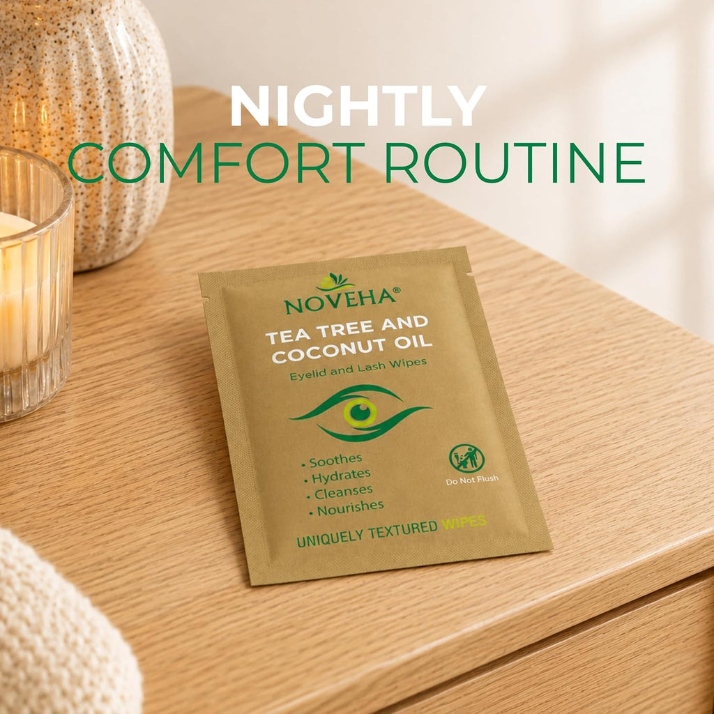 NOVEHA 60PCs Tea Tree & Coconut Oil Eyelid & Lash Wipes - For Demodex, Blepharitis & Itchy Eyes, Individually Wrapped Ey