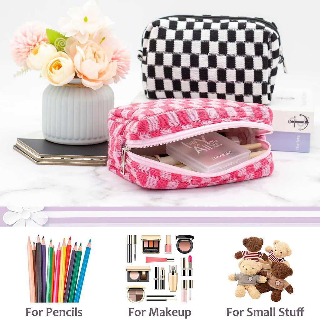 Checkered Makeup Bag for Purse Portable Zipper Make Up Pouch Small Cosmetic Case for Travel Accessories (Hotpink)