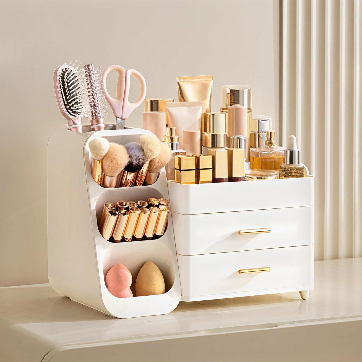 HBlife Makeup Organizer with Brush Holder for Vanity, Large Plastic Bathroom Countertop Organizer Skin Care Storage, Eas