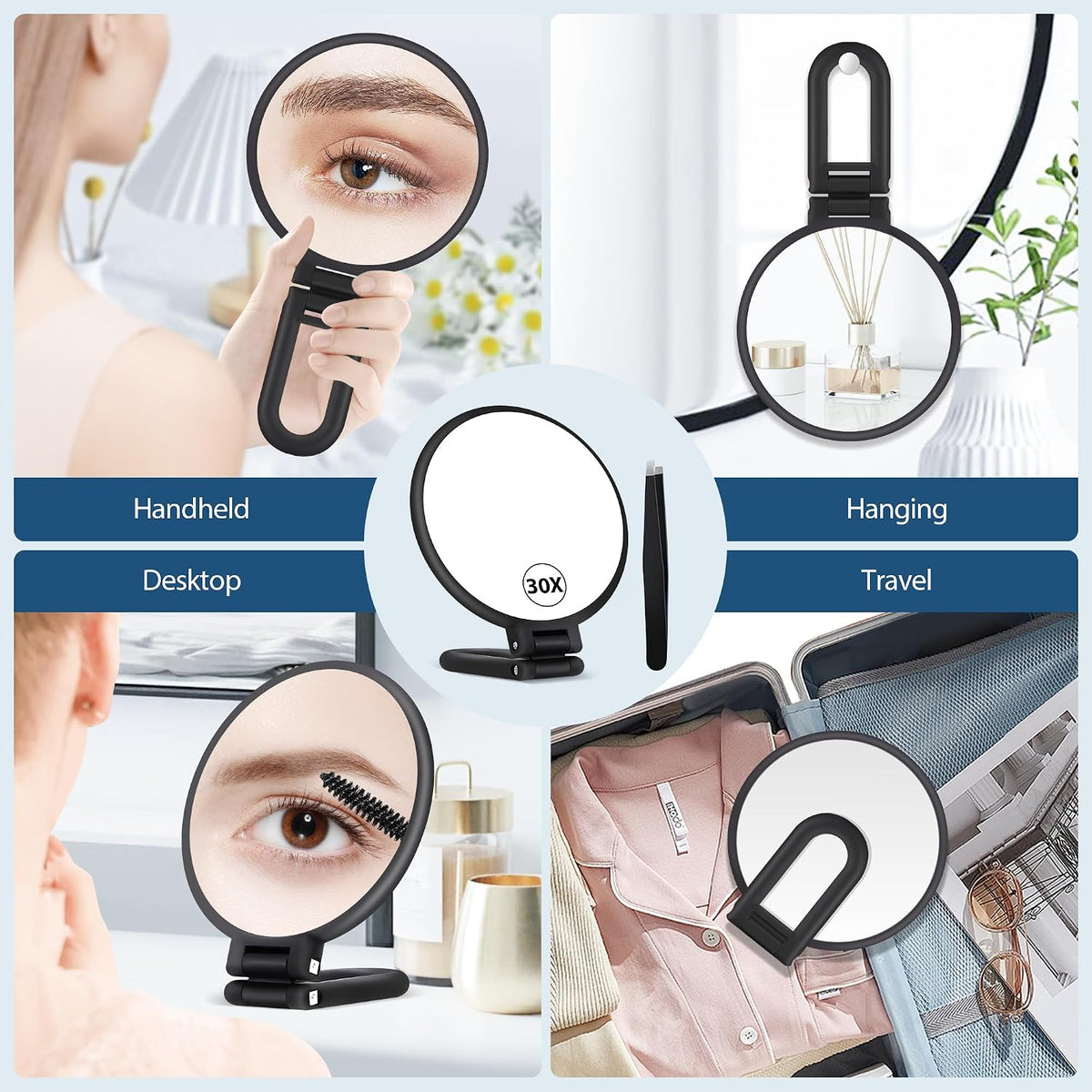 30X Magnifying Mirror, Hand Mirror with Handle, Double Sided Hand Mirror with 30X/1X Magnification, Travel Essential Por