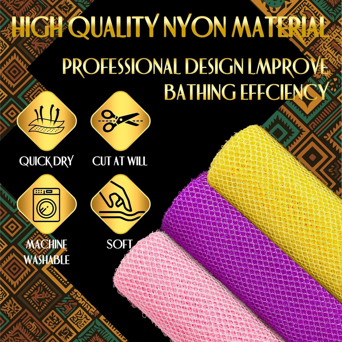 3 Pack African Net Sponge, African Exfoliating Net Bath Sponge Long Net Bath Sponge Exfoliating Shower Body Scrubber Bac