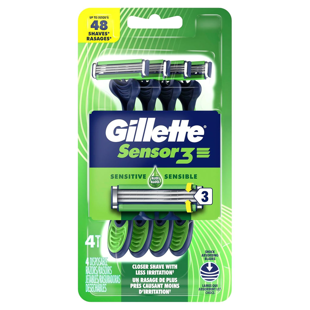 Gillette Sensor3 Sensitive Men's Disposable Razor, 4 Razors