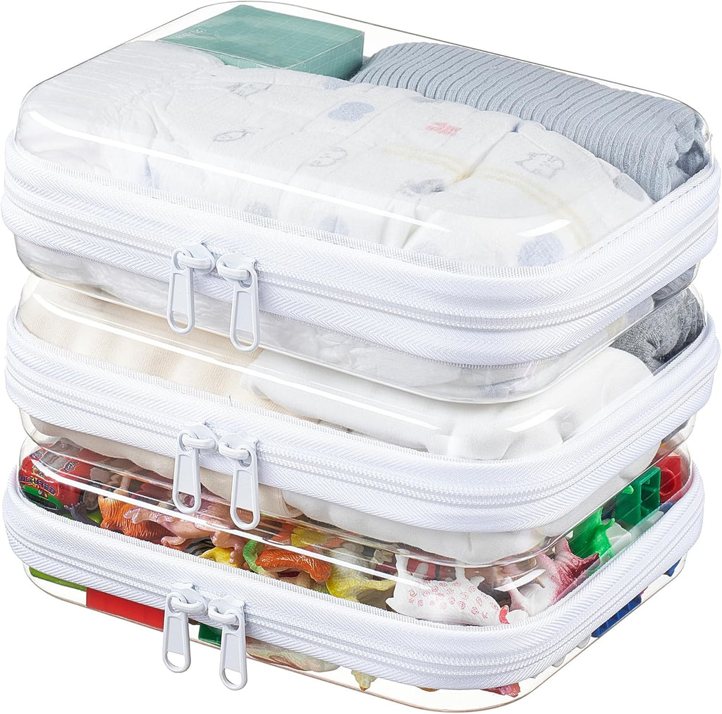 3-Pack Medium Clear Hard Shell Zipper Pouches, Clear Zipper Bags, Hard Case Pouches for Purse & Diaper Bag Organizer, an