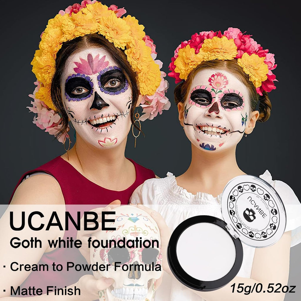 UCANBE Goth White Cream to Powder Foundation Makeup, Professional Clown White Face Body Paint with Matte Finish for Hall