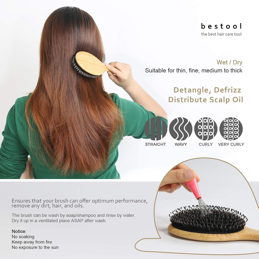 BESTOOL Hair Brush-Boar Bristle Hair Brushes Natural Bamboo Wooden Cushion Massage Anti Static Large Paddle Hairbrush fo