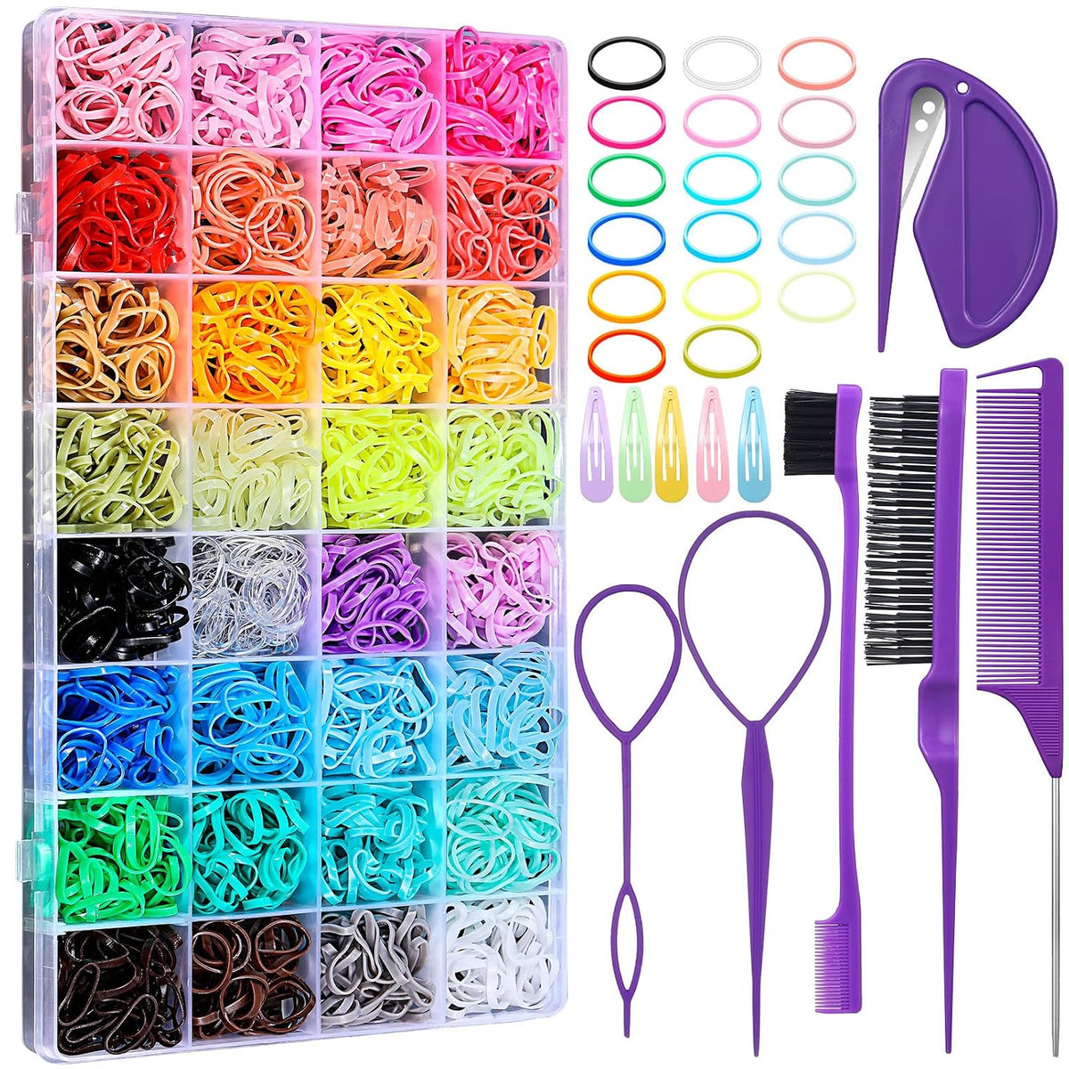 32 Colors Small Hair Rubber Bands with 16 Styling Tools, 2000 Pcs Elastic Girl Baby Hair Ties, Mini Bands with Elastic C