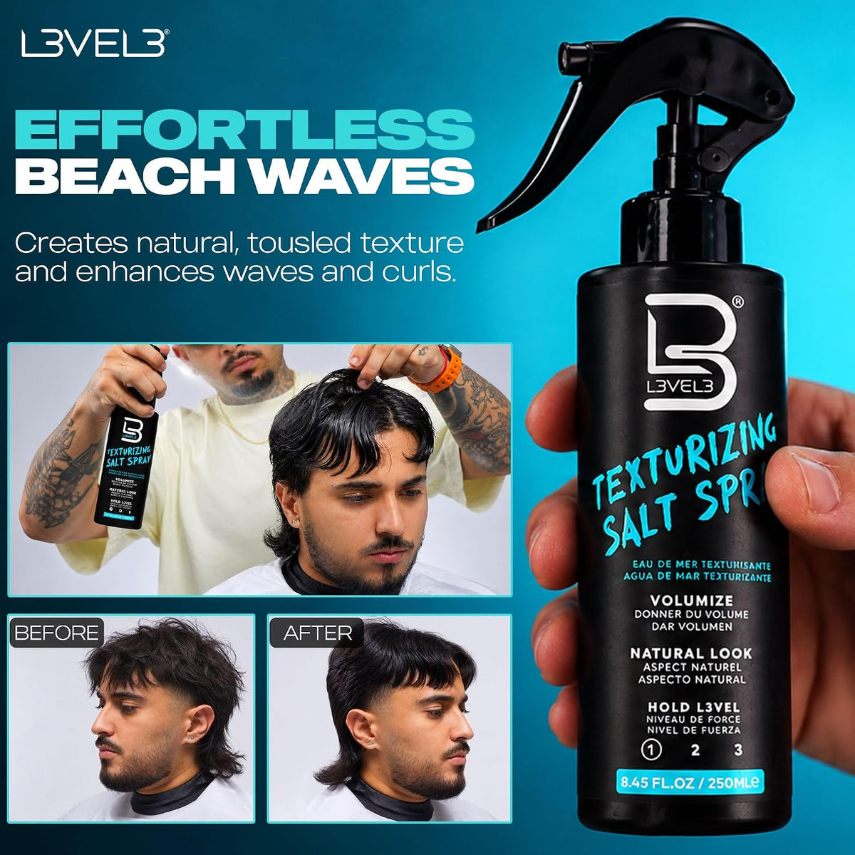 L3 Level 3 Sea Salt Spray for Hair, Texturizing, Beachy Waves, 8.45 fl oz