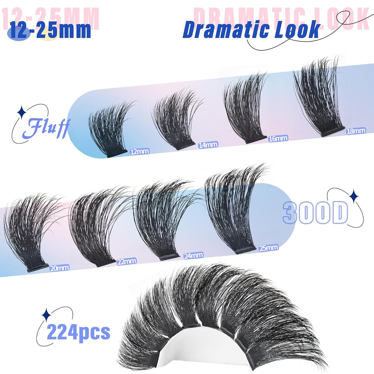 Yaiseiko Fluffy Lash Clusters 300D Thick Long 12-25mm Volume Cluster Eyelash Extensions 224Pcs Wispy Individual Lashes D