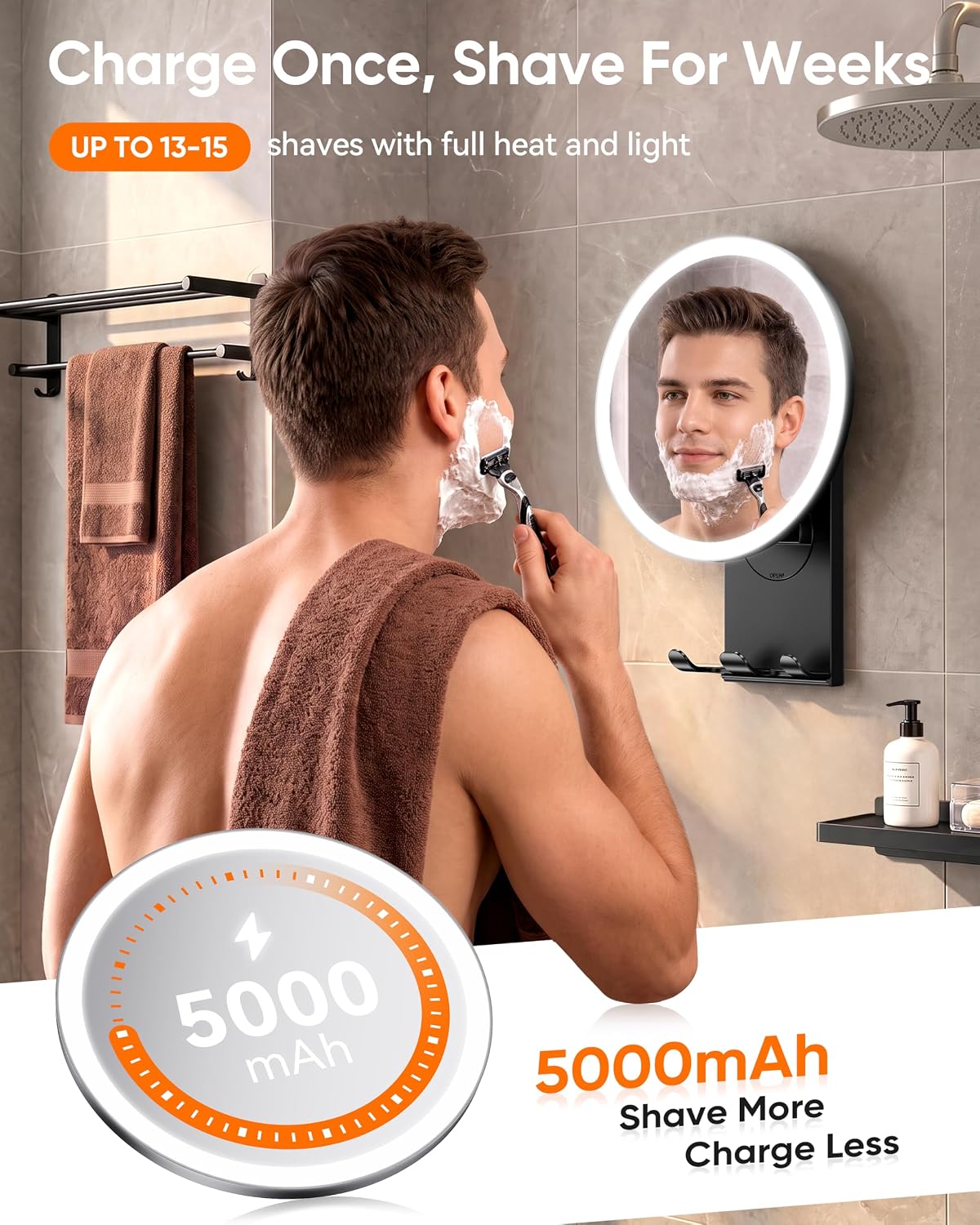 Heated Shower Mirror Fogless for Shaving with Suction Mount