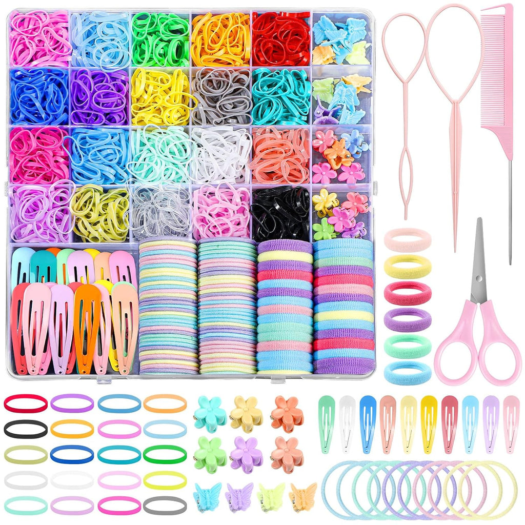 32 Colors Small Hair Rubber Bands with 16 Styling Tools, 2000 Pcs Elastic Girl Baby Hair Ties, Mini Bands with Elastic C