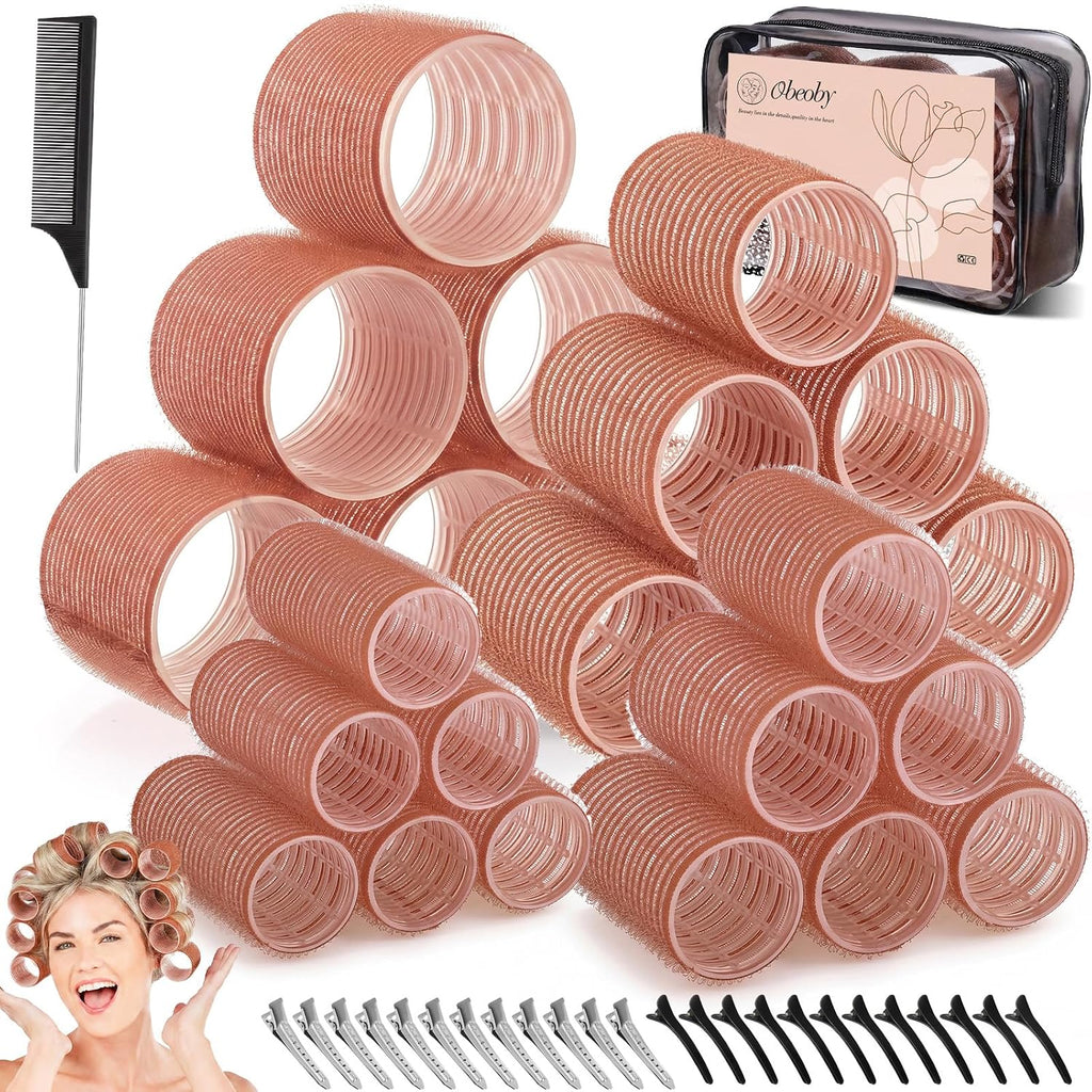 4 Sizes Self-Grip Hair Rollers Set for Long, Short Hair and Bangs - 50 Pcs with Clips (25mm, 36mm, 48mm, 60mm), Pink