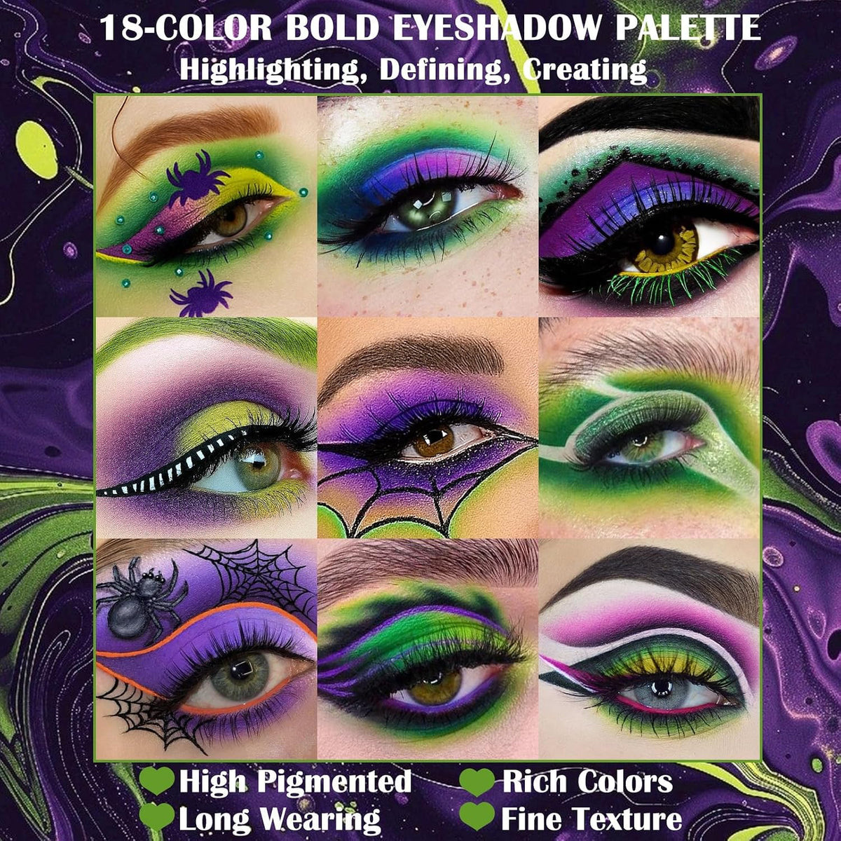 Green Purple Goth Eyeshadow Palette Makeup- 18 Colors Matte Shimmer Metallic Bright & Dark Smoky Gothic Eye Shadows for 