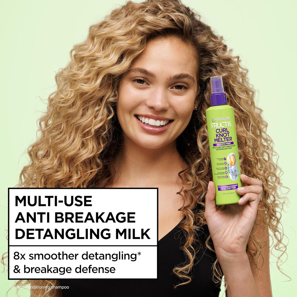 Garnier Fructis Curl Knot Melter Multi-Use Anti-Breakage Detangling Milk, Moisturizing Detangler Spray and Heat Protecta