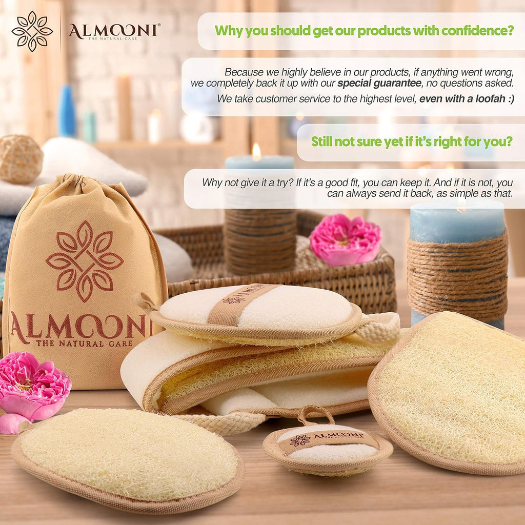 Almooni Natural Loofah Exfoliating Body Scrubber, Shower Sponge 2 Count