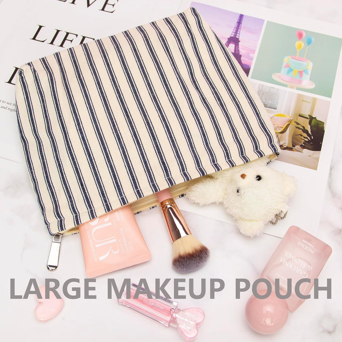 Flat Makeup Bag for Women,Zipper Cosmetic Pouch,Vintage Stripe Navy Blue