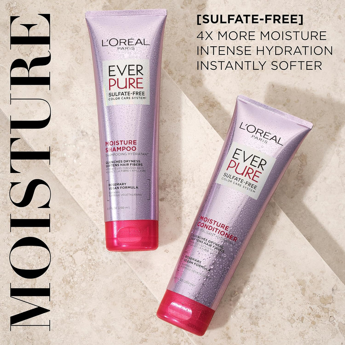 L'Oreal Paris EverPure Moisture Shampoo and Conditioner Set, Sulfate-Free Hair Care for Dry or Color-Treated Hair with R
