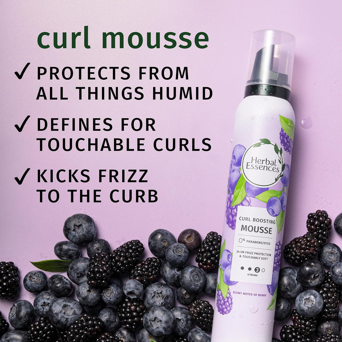 Herbal Essences Curl Boosting Mousse, Frizz Control for Curly & Wavy Hair, Long-Lasting Hold with Berry Scent, Paraben &