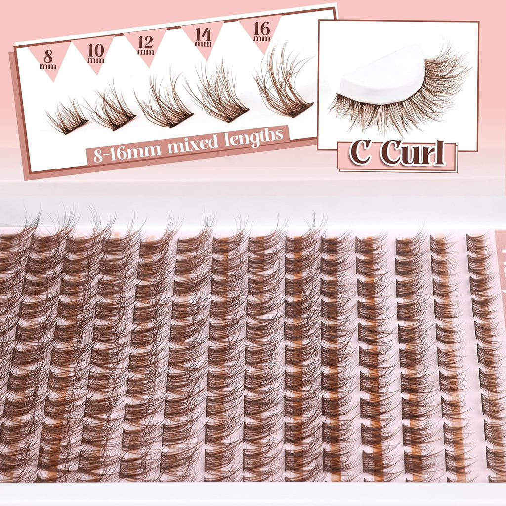 Mavphnee Brown Lash Clusters Natural Lash Extensions Wispy Eyelash Clusters 168 Pcs C Curl Lashes Clusters for Everyday 