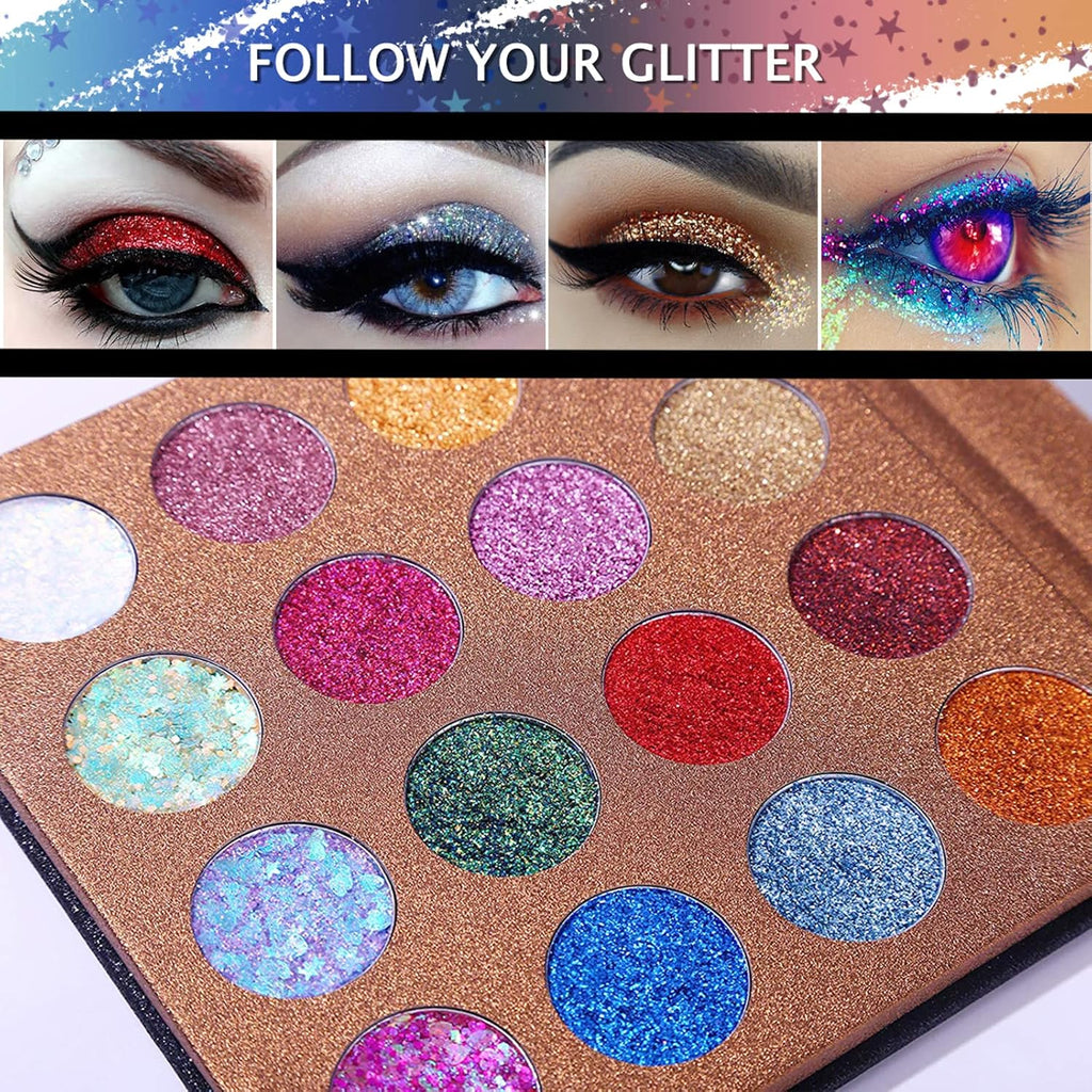 UCANBE Pro Glitter Eyeshadow Palette - Professional 16 Colors - Chunky & Fine Pressed Glitter Eye Shadow Powder Makeup P