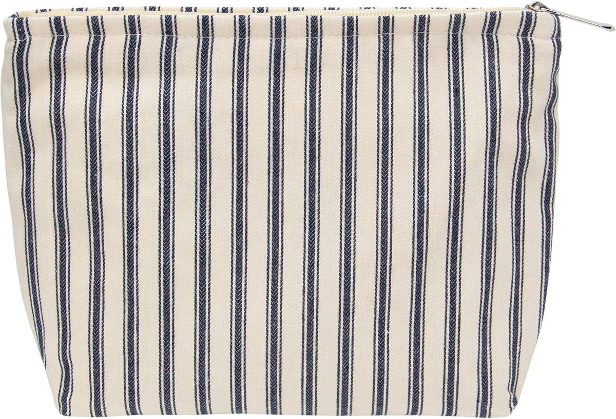Flat Makeup Bag for Women,Zipper Cosmetic Pouch,Vintage Stripe Navy Blue