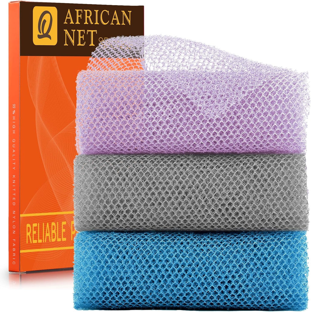 3 Pack African Net Sponge, African Exfoliating Net Bath Sponge Long Net Bath Sponge Exfoliating Shower Body Scrubber Bac