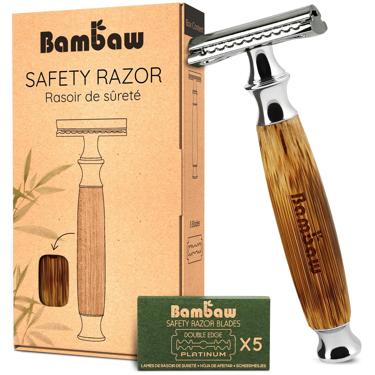 Bambaw Double Edge Safety Razor for Men & Women, Metal Razor with 5 Double Edge Safety Razor Blades, Eco-Friendly Razor 