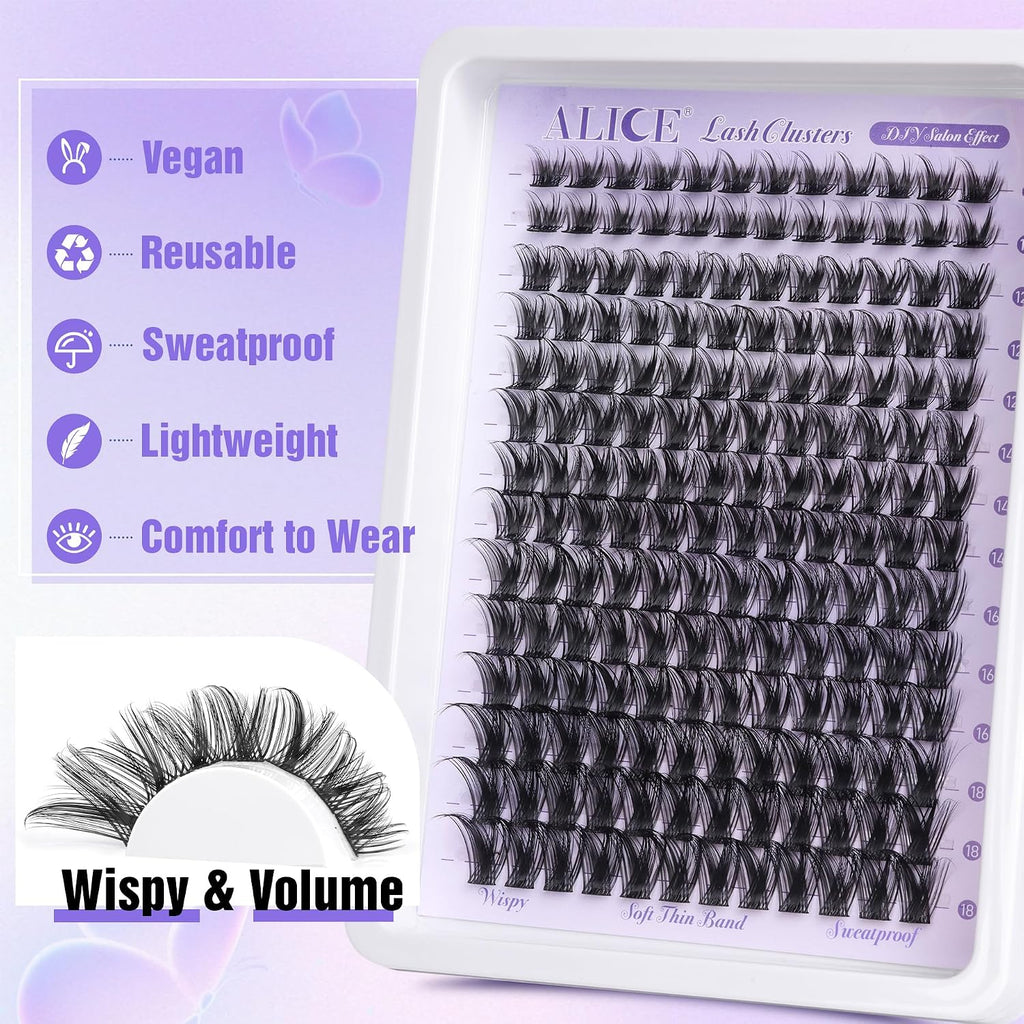 ALICE Lash Clusters Wispy Eyelash Clusters 10-18mm 168pcs Cluster Eyelash Extensions Natural Volume Lash Extensions DIY 