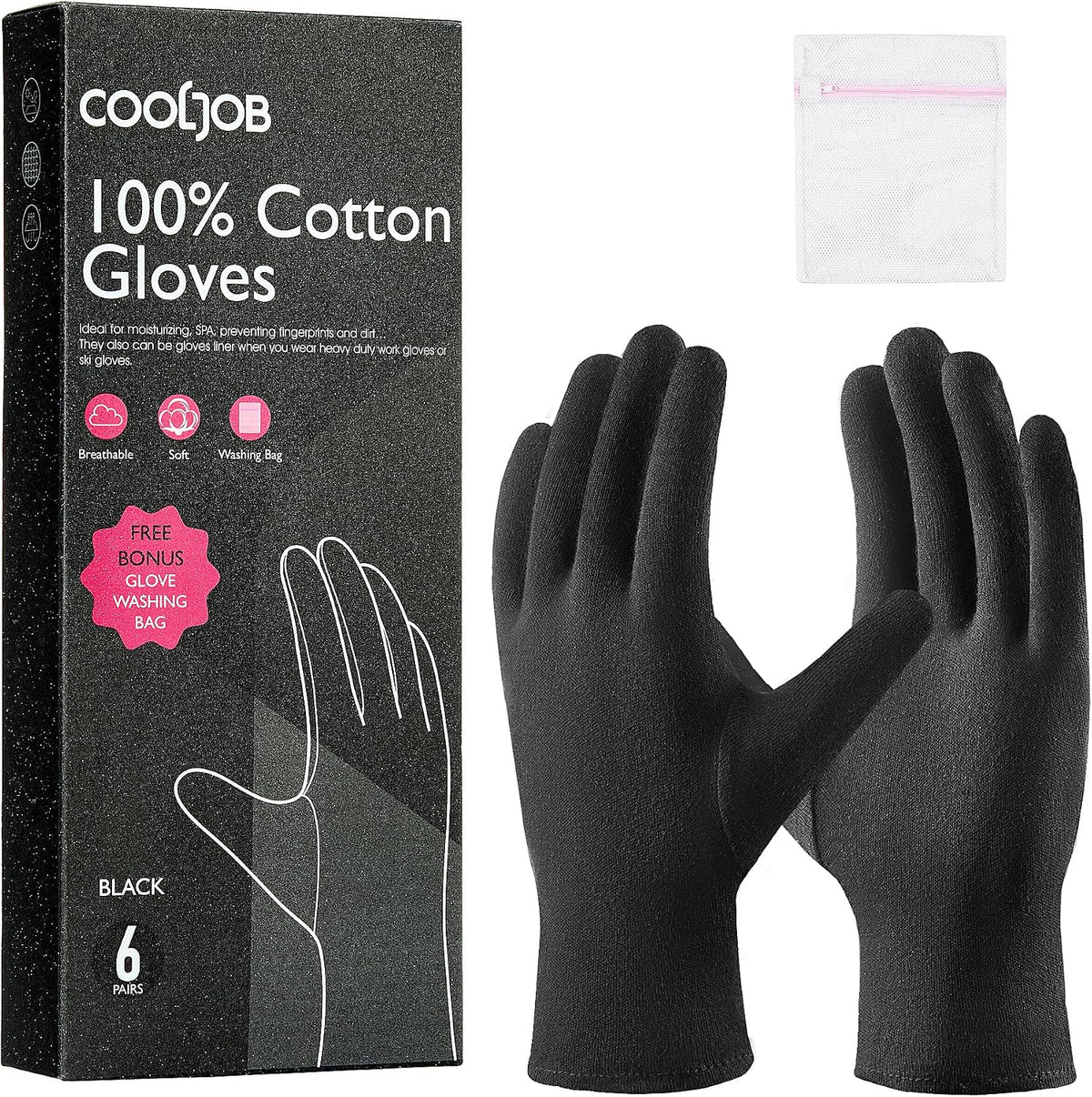 COOLJOB 100% Cotton Gloves, 6 Pairs White Cotton Gloves for Dry Hands Moisturizing & Eczema, Overnight Lotion, Sleep & S