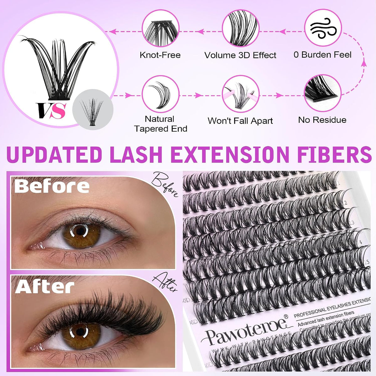 Pawotence Lash Extension Kit DIY 280pcs Lash Clusters Eyelash Extension Kit, 9-16mm 30D 40D Individual Lashes Kit with L