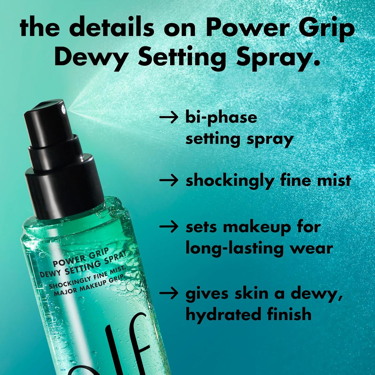 e.l.f. Power Grip Dewy Setting Spray, Hydrating Mist, Dewy Glow Finish