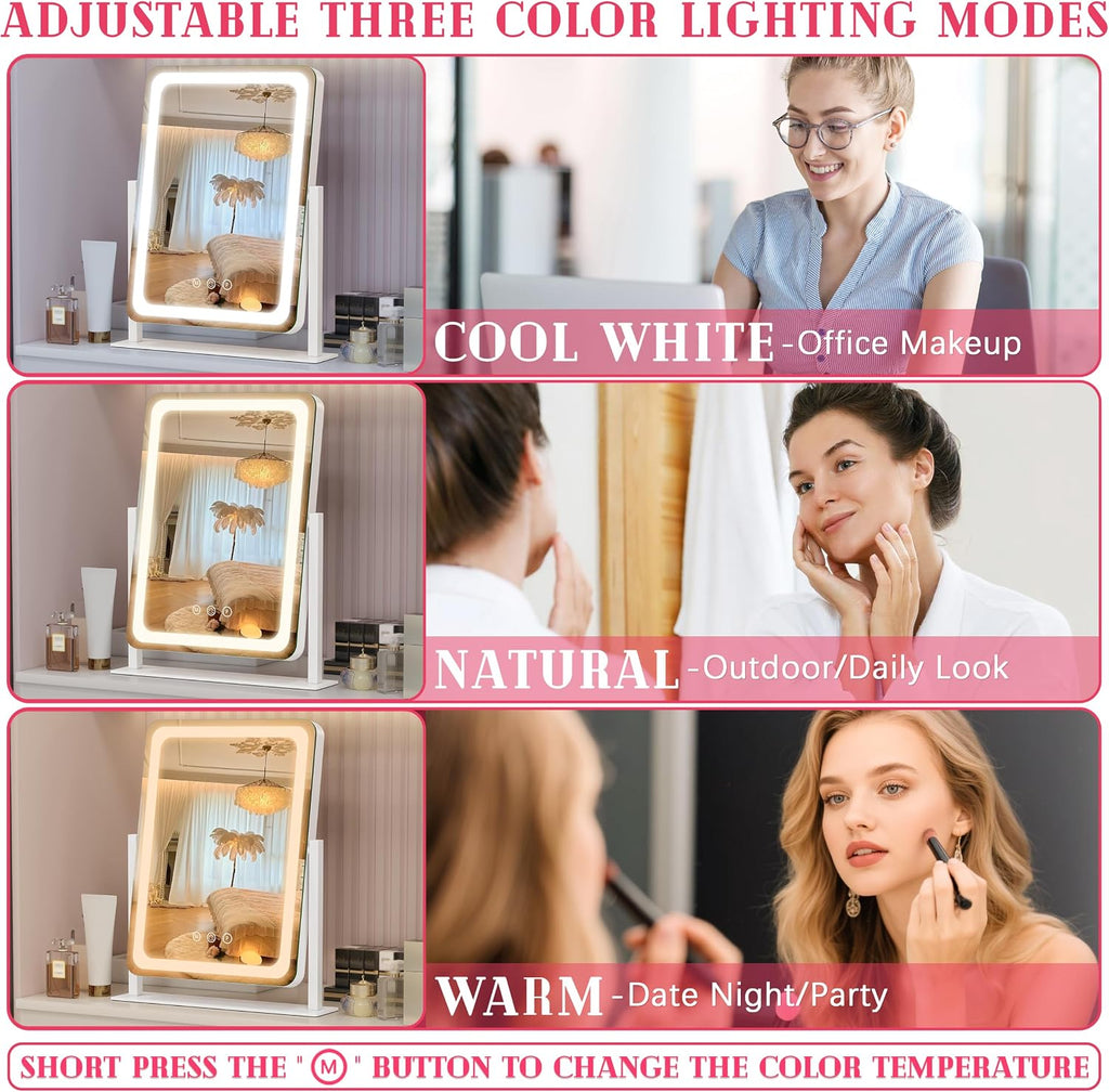 ROLOVE Vanity Mirror with Lights for Desk, 12.6"x15", Dimmable, White