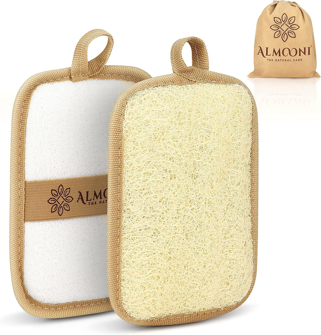 Almooni Natural Loofah Exfoliating Body Scrubber, Shower Sponge 2 Count